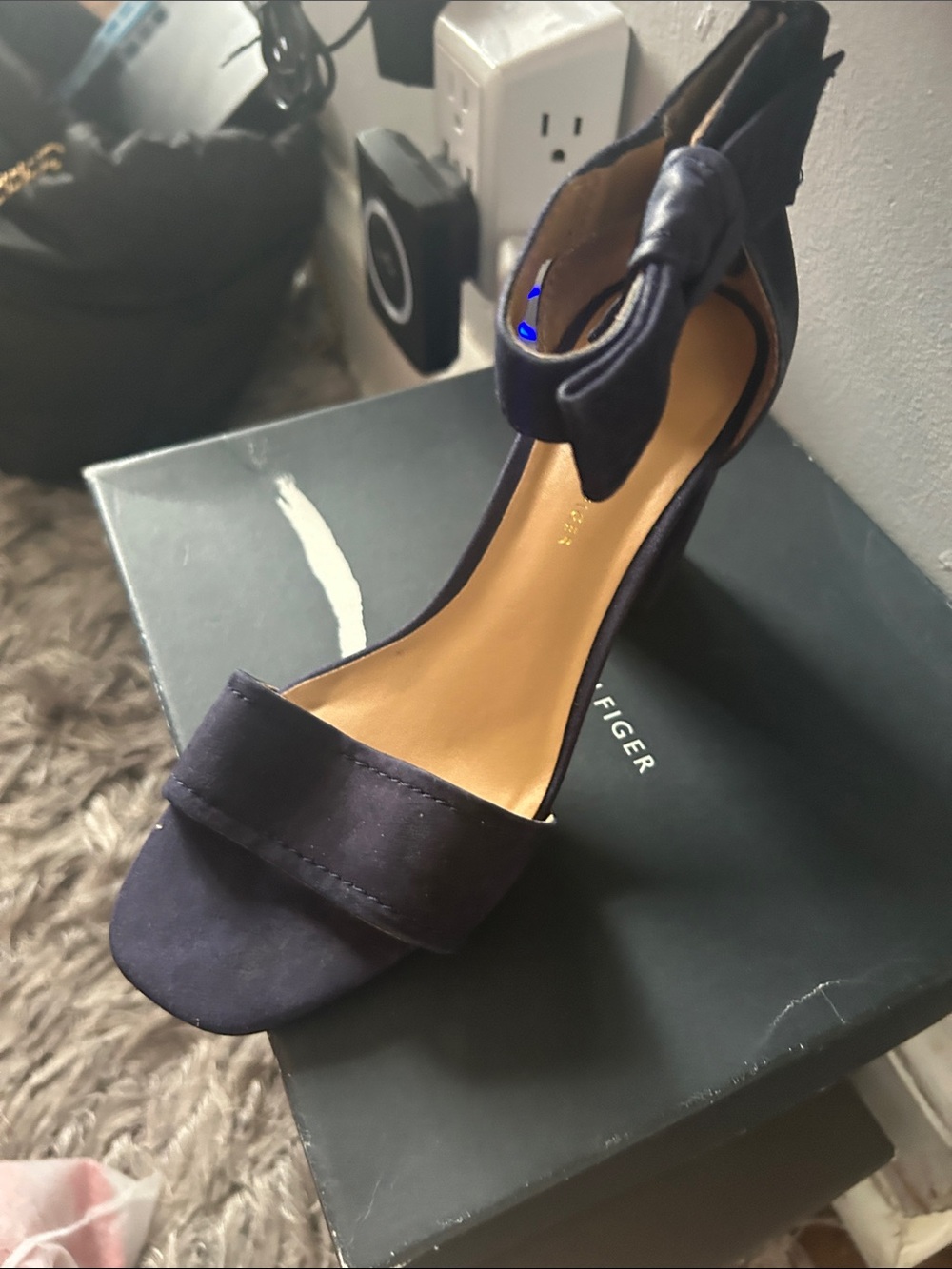 Tommy Hilfiger Dark Navy Ankle Strap Open-Toe Heels